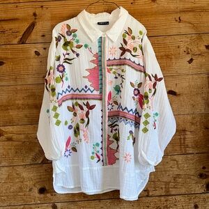 AP.NY New York Embroidered Floral Birds Embroidery Button Front Blouse Top Gauze